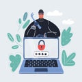 Vector illustration of eye masked thief behind a laptop. He wants to steal the password