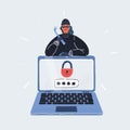 Vector illustration of eye masked thief behind a laptop. she wants to steal the password. on isoleted background.