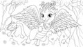 Vector illustration, fabulous funny cute little dragon flying in a fairy forest Royalty Free Stock Photo