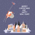 Vector illustration of a fabulous winter cityscape with Santa Claus descending a rope ladder from a flying helicopter