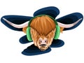 Vector illustration of a face of a bull with polina and very long hair and fluffy brown with two big horns in this music with gree