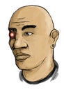 Vector face of cyberpunk man with earring and artificial red eye