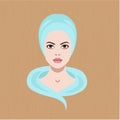 Vector illustration with a face of girl with towel on head for spa salons and cosmetology