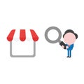 Vector businessman character looking magnifying glass to shop st