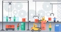 Vector illustration. Factory workers. cardboard boxes of the industrial conveyor line. Factory construction machinery