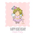 Vector illustration of a fairy with magic stick. congratulations card.