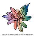 Vector illustration of fairy rainbow flower with watercolor filling isolated on the white background