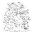 Vector illustration with a fairy riding a bird. Outline sketch with a small winged elf in a forest clearing with flowers for a