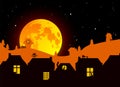 Vector illustration: Fairy tale Halloween landscape with realistic full moon, village landscape silhouettes on fading background m