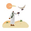 Vector Illustration of falconry, falconer releases falcon in desert