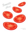 Vector illustration of falling tomato slices isolated on white background. A cut rings of fresh ripe vegetables Royalty Free Stock Photo