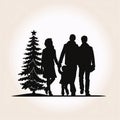 Black silhouette, tattoo of a family, Christmas tree on white isolated background. Vector Royalty Free Stock Photo