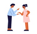 Vector illustration of family couple problem, relationship crisis with arguing man and woman screaming pointing at each other Royalty Free Stock Photo