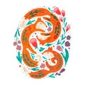 Vector illustration of family dancing foxes with folk art and flowers around. Love and family. Animals cliparts with floral