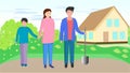 Vector illustration of a family on a garden plot against the background of a house
