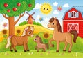 Vector illustration with a family of horses and a farm in cartoon style. Cute picture
