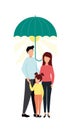 Vector illustration of a family of man, woman and child stands under an umbrella, under which the sun with rays Royalty Free Stock Photo