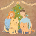 Vector illustration of a family near the Christmas tree