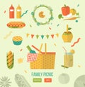 Family picnic glade illustration. Food and pastime icons. Flat. Barbecue object, picnic items.