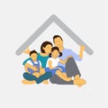 Vector illustration of a family with protection concept. Family under house hold home roof over kids Royalty Free Stock Photo