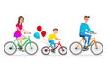 Vector illustration of family ride the bike. Healthy leisure and freedom riding bike. Man, woman and boy pedaling on summer time