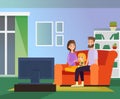 Vector illustration of family together watching TV, family evening. Happy parents and daughter sitting on sofa in living Royalty Free Stock Photo