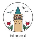 Vector illustration of famous landmark in Istanbul - Galata tower, tulip flowers and seagulls.