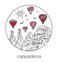 Vector illustration of a famous turkish travel destination Cappadocia and its symbols in a circle frame.