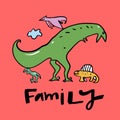 Vector illustration of fantasy dinosaur. Family hand drawn lettering phrase. Isolated on background Royalty Free Stock Photo