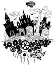 Vector illustration of fantasy ink steampunk city