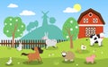 Vector illustration of farm animals such as cow, horse, pig, sheep, chicken, rabbit with barn and windmill. EPS Royalty Free Stock Photo