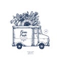 Farm fresh delivery design template. Classic food truck with organic vegetables. Vector illustration