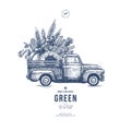 Farm fresh delivery design template. Classic vintage pickup truck with organic vegetables. Vector illustration