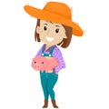 Vector Illustration of a Farm Girl holding a Pig