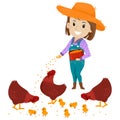 Vector Illustration of a Farmer Girl feeding the chicken with feeds