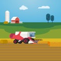 Vector illustration on farming and agriculture with combine harvester harvesting grain crops.