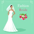 Vector Illustration of a fashion beautiful bride in white wedding dress with a bouquet. EPS 10 Royalty Free Stock Photo