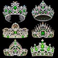 Vector of a fashion collection of jewelry tiaras with diamonds and emeralds