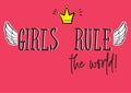 Vector illustration of fashion lettering in retro rock`n`roll style girls rule the world with patches, badges wings and crown Royalty Free Stock Photo