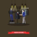 Vector illustration of fashion mens store and buyer, flat style.