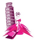 Vector illustration of fashion woman shopping in italy wit bags and pisa leaning tower