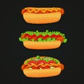 Grilled hot dogs with different ingredients: ketchup, mustard, lettuce, tomato, onion and cucumber on a dark background. Royalty Free Stock Photo