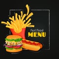 Fast food menu template. Colorful burger, french fries and hot dog.