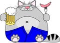 Vector illustration fat funny gray cat with a big beer belly wearing blue jeans holds a mug of beer and a sausage