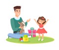 Vector illustration of father home playing with baby daughter. Fathers Day, Family concept. Parent love. Father with Royalty Free Stock Photo