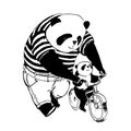 Father panda in black and white t-shirt is teaching cycling by b Royalty Free Stock Photo