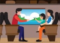 Vector illustration father pointing out beautiful scenery The son looks out of the window from the train
