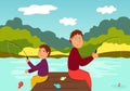 Vector illustration with father and son fishing. Royalty Free Stock Photo