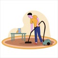 A vector illustration of father vacuuming the carpet in the house in cartoon style with line