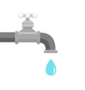 Vector illustration of faucet and a falling drop of water. Royalty Free Stock Photo